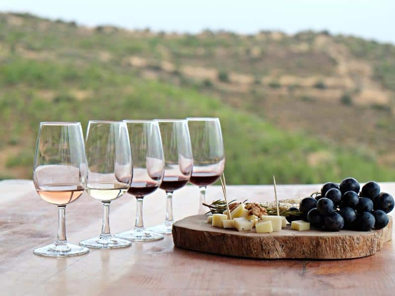 Five wine glasses next to a tapas board with Ericeira in the background. One of the best wine tasting experiences in Ericeira.