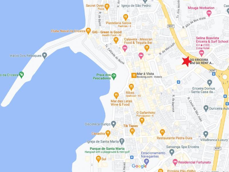 Map of Ericeira with car rental shop location 