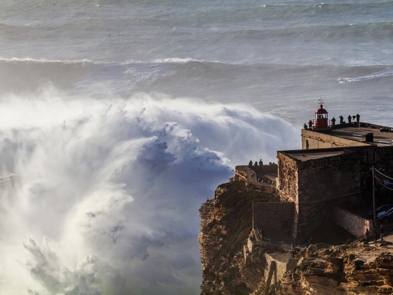 The crashing waves at Nazare's cliff top fort.