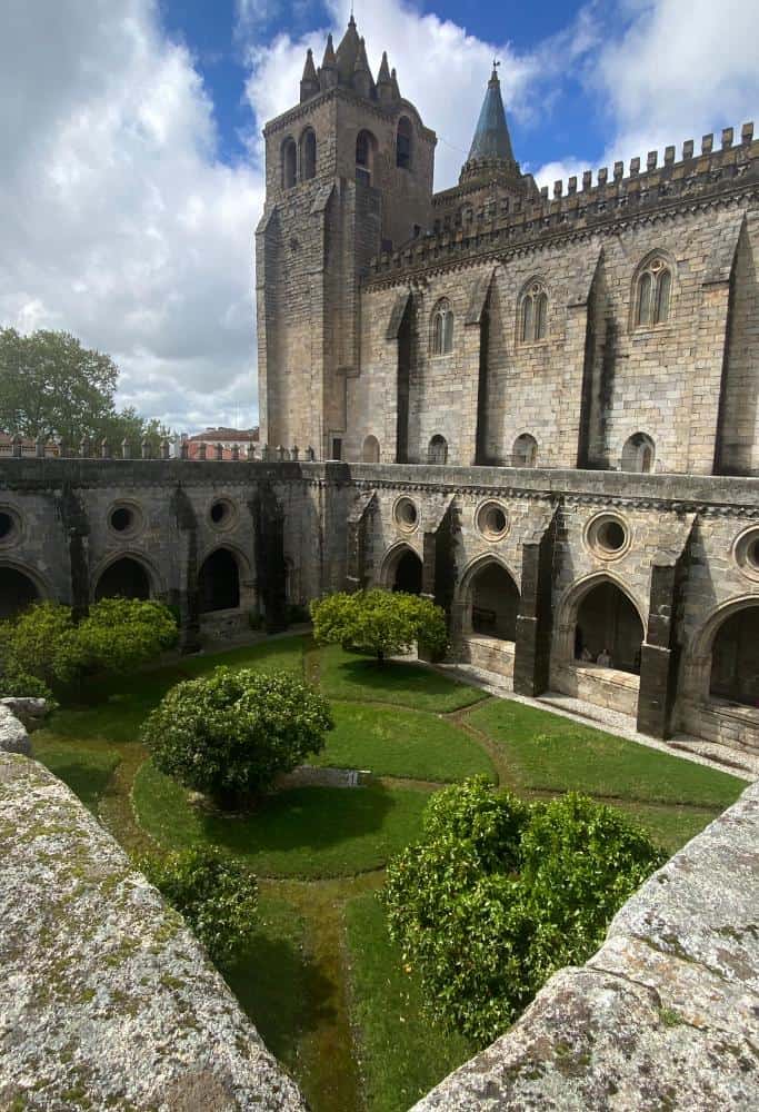 The courtyard to the cloister which is part of the cathedral as seen from above on a sunny spring day.