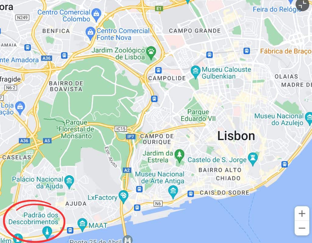 A map of Lisbon, Portugal, highlighting various landmarks and neighborhoods. The Belem area is circled in red, located near the bottom left. 