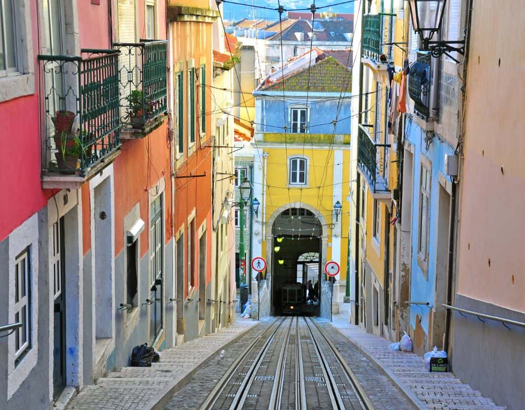 Looking down the street at the colourful buildings lining the elevador da Bica road in Chiado on a sunny afternoon