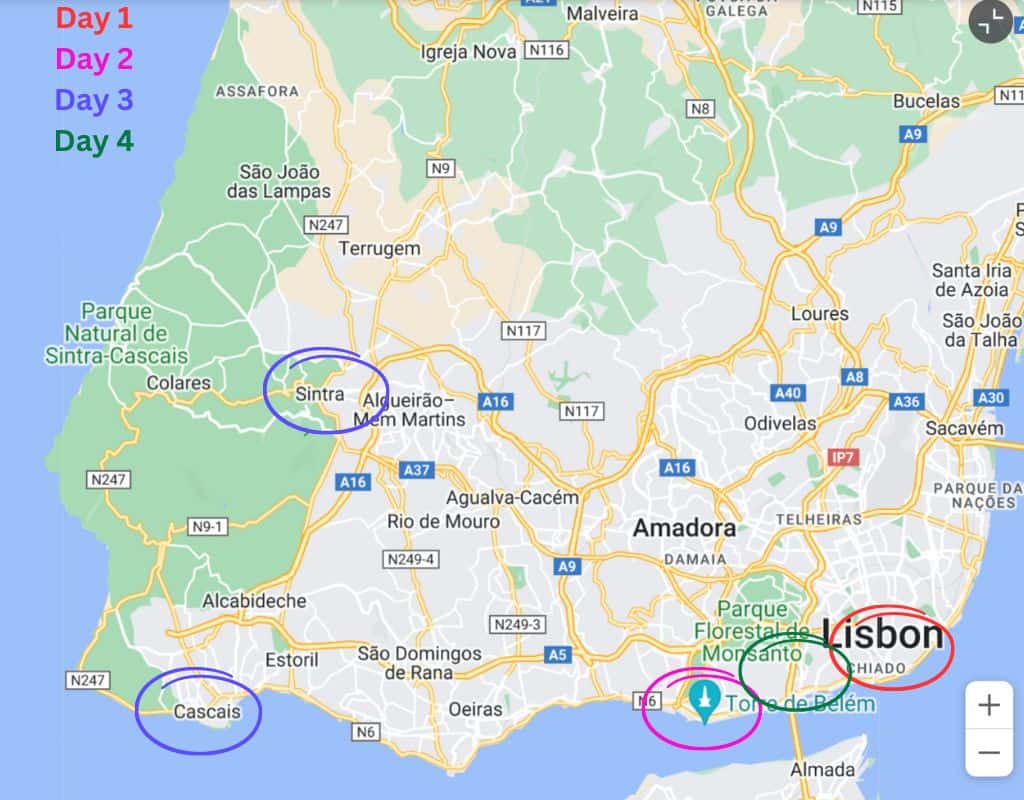 Map of the best 4 day itinerary in Lisbon all color coded by day.