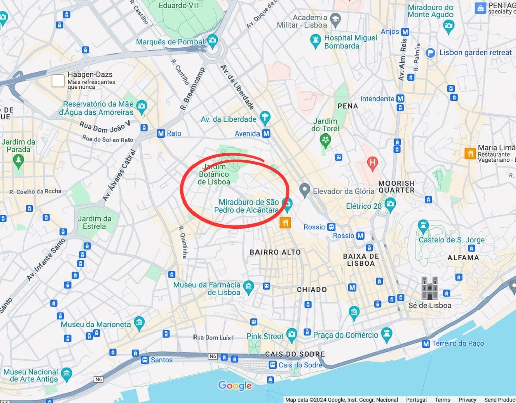 A map of Lisbon, Portugal, highlighting various landmarks and neighborhoods. The Principe Real area is circled in red, located in the center of the map. 