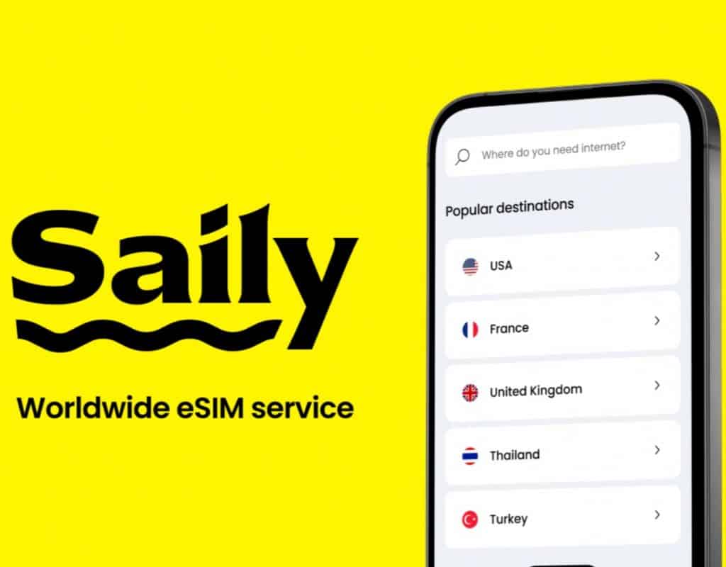 A bright yellow advertisement for "Saily" eSIM services, promoting the convenience of using an eSIM while traveling, with an option to select a Portugal SIM Card for international connectivity.