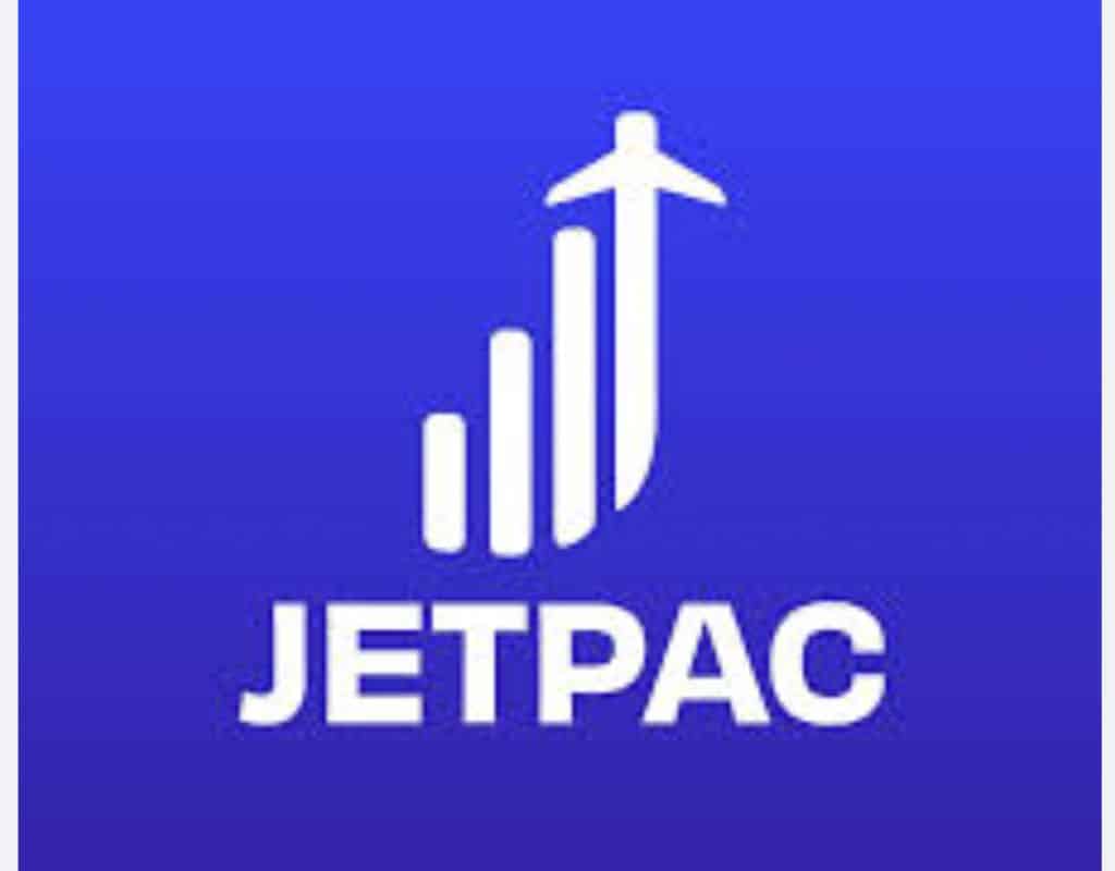 The "Jetpac" logo on a blue background, featuring an airplane ascending from four rising bars, symbolizing growth and travel.