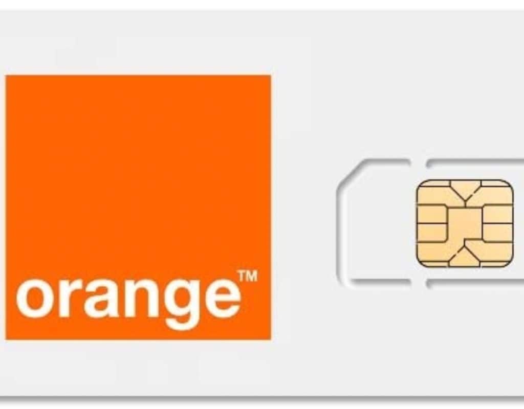 A SIM card with the "Orange" logo, displayed against a white background, showcasing a well-known telecom provider.