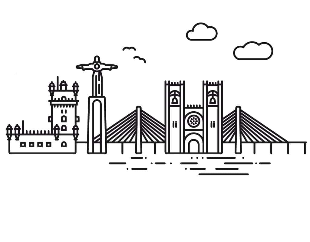 Minimalist black-and-white line illustration of iconic Lisbon landmarks, including Belém Tower, the Christ the King statue, and the Vasco da Gama Bridge.